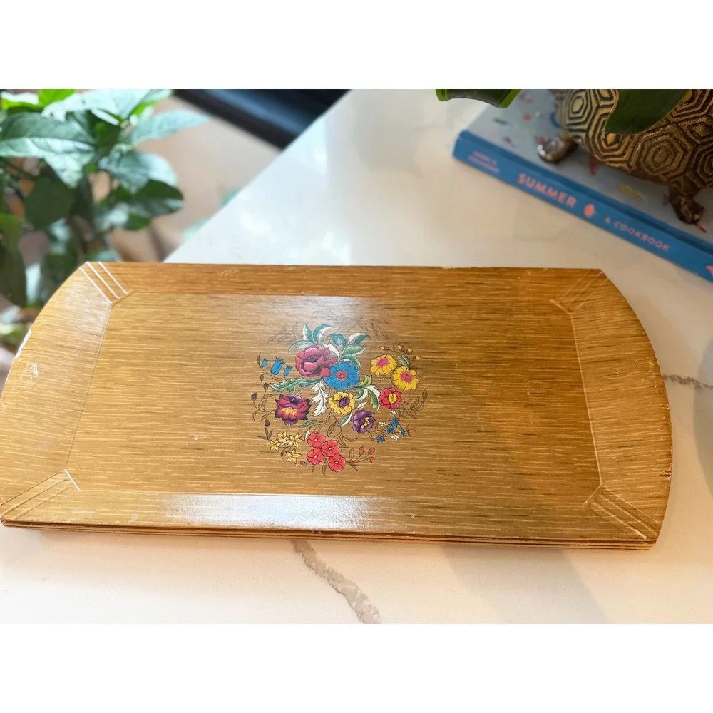 Vintage Hasko De Luxe Lap Tray Mid Century Faux Wood Floral Lithograph MCM 16x8